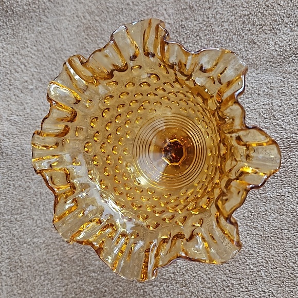 Fenton Vtg Amber Glass Pedestal Compote Dish Hobnail Pattern Ruffled Edge T11 - Picture 3 of 6